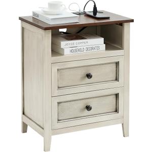 Nightstand with Charging Station, 20 Inch Wide Farmhouse End Table with 2 Drawers Storage, Mid Century Modern Night Stand for Bedroom, Antique White
