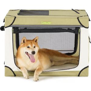 Lesure Soft Collapsible Dog Crate - 30 Inch Portable Travel Crate for Medium Dogs Indoor & Outdoor, 4-Door Foldable Pet Kennel with Durable Mesh Windows, Beige