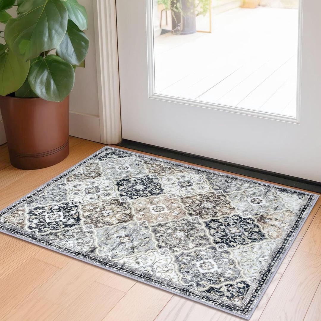 KILOCOCO 2x3 Area Rug, Moroccan Super Soft Entryway Rugs Indoor Vintage Washable Rug Non-Slip Indoor Door Mat, Accent Print Faux Wool Throw Rug for Kitchen Bedroom Entrance, Greenish Gray Beige