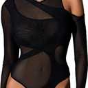 MakeMeChic Women's Y2K Cut Out Mesh Sheer Bodysuits Long Sleeve Round Neck Tee Shirt Asymmetrical Top (Large, Black)