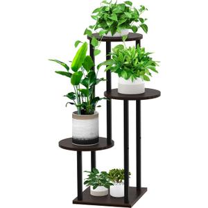 4 Tier Wood Tall Plant Stand Metal Rack Indoor, Multiple Flower Pot Holder Shelves Corner Rack, Round Planter Shelf Display Rack Storage Organizer for Patio Living Room Balcony(Black+Oak)