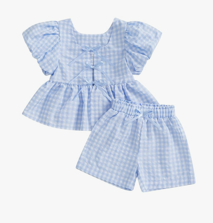 Thorn Tree Toddler Girl Clothes Set Ruffle Sleeve Hem Top Cardigan Elastic Waist Shorts Plaid Printed Summer 2Pcs Outfits 2-3T