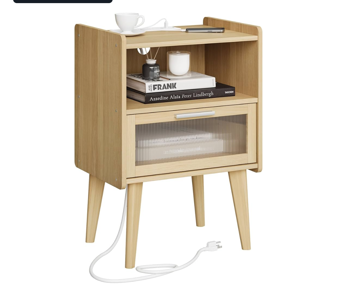 Nightstand with Charging Station, Bedside Tables with Glass Decorative Door, Natural End Table, Side Table with 2 Tiers Storage Space for Bedroom Living Room, Natural