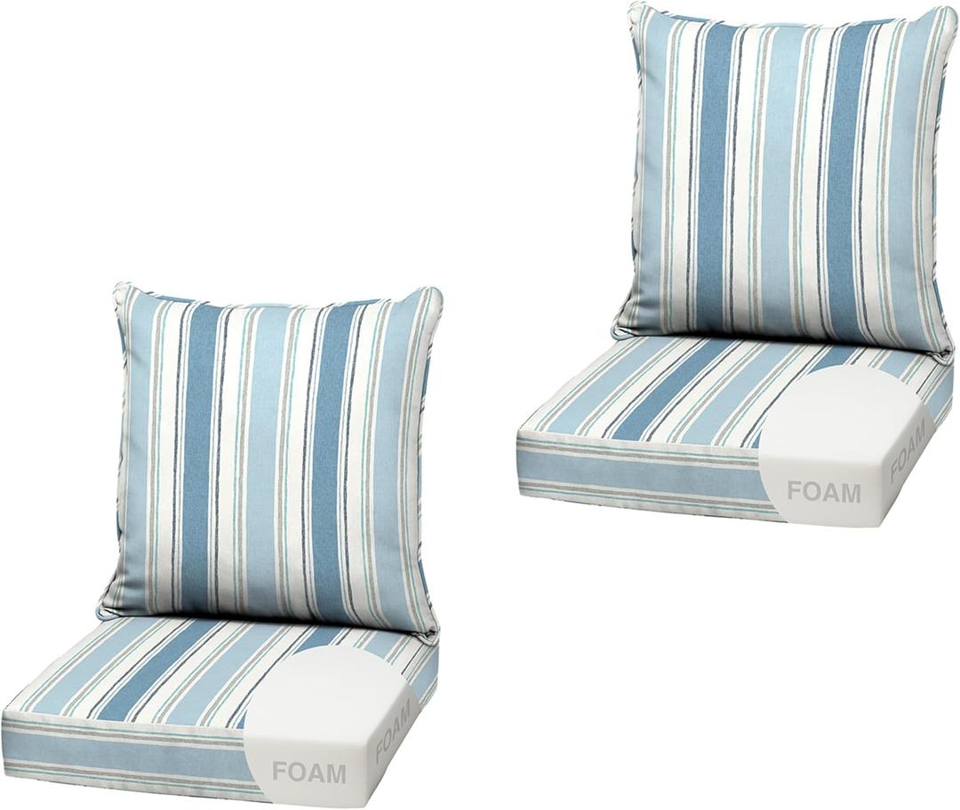 Arden Outdoor Foam Deep Seat Cushion, 2-Pack, 22x24, Premium High-Density Foam, Never Flattens, Weather-Proof for Patio Chair Sofa Couch, French Blue Linen Stripe