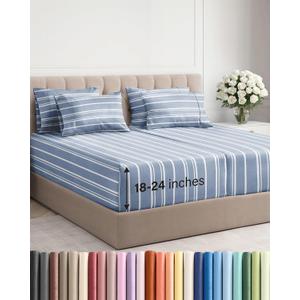 Extra Deep Split King Sheet Set - 7 Piece Breathable and Cooling Sheets - Hotel Luxury Bedding for Women, Men, Kids & Teens - Secure Fit - Soft and Wrinkle Free with Extra Deep Pockets - Blue Stripes