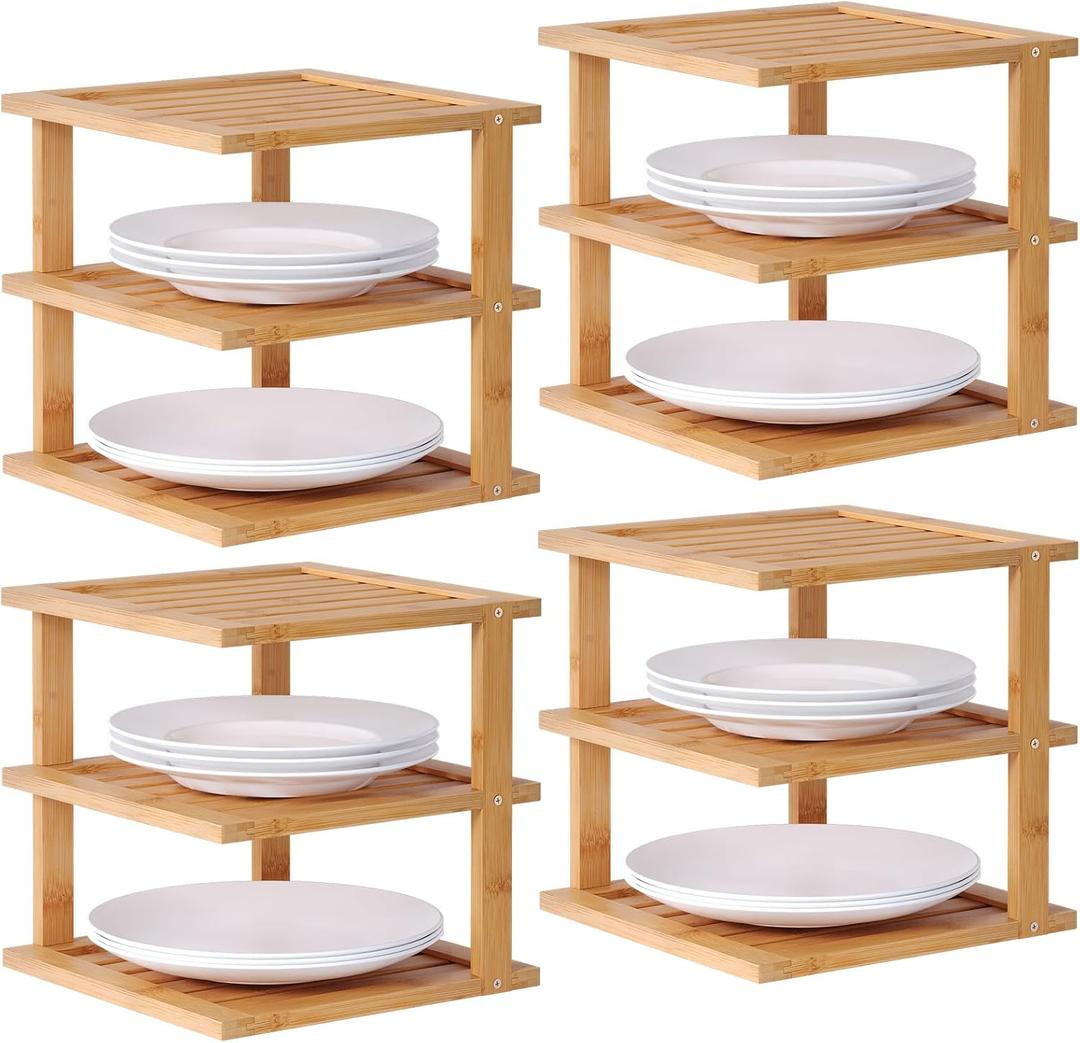 4 Pack Bamboo Corner Shelf,3 Tier Kitchen Cabinet Organizer for Plates and Dishes,Pantry Storage and Spice RackNatural
