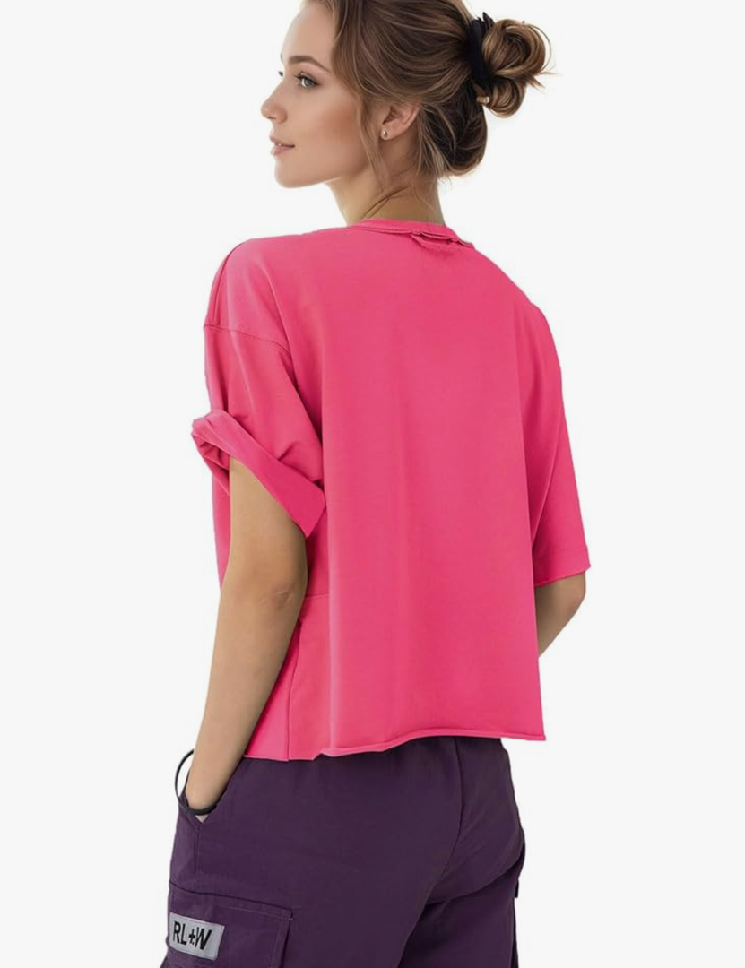 Women's Oversize Workout Crop Tops Short Sleeve Crewneck Drop Shoulder Boxy T Shirts Summer Casual Solid Basic Tees