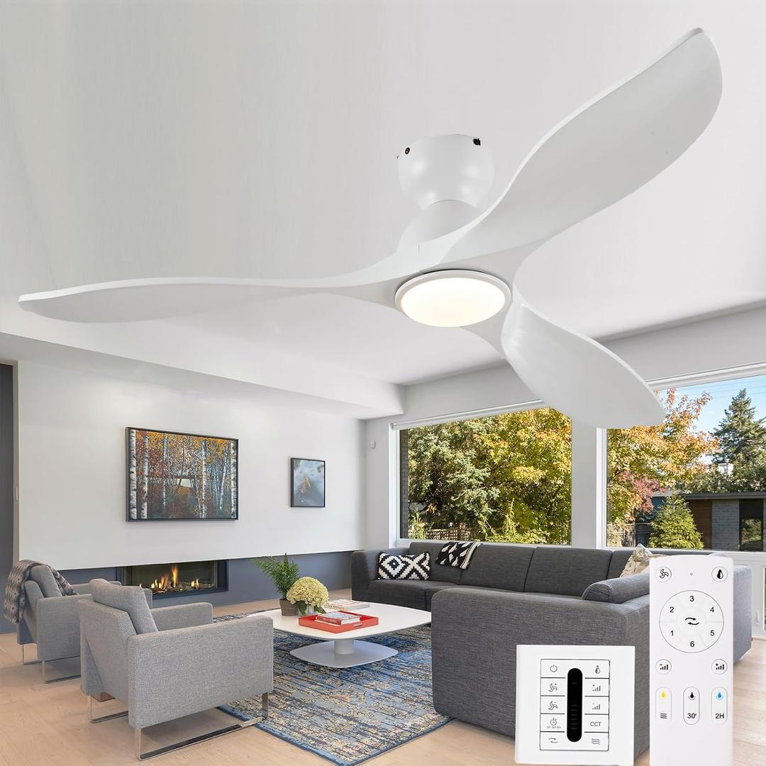 52 Inch Flush Mount Ceiling Fans with Lights and Remote,White Low Profile Ceiling Fan with Light,3 Blade,Dimmable,Quiet Noiseless DC Motor for Patios,Living Room,Bedroom(Wall Control Switch)