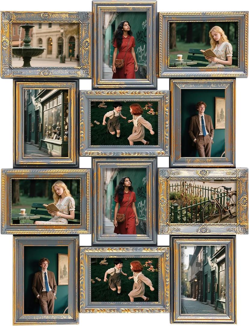 Jerry & Maggie 12 Opening Collage Photo Frame Rustic 2318 Vintage Embossed Finish PVC Picture Frames Selfie Gallery Collage Wall Hanging For 64 Photo, Vintage