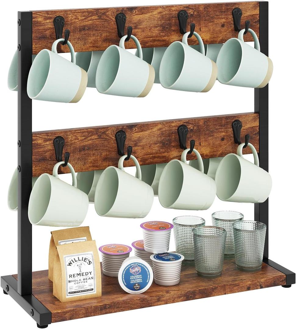 IBUYKE Wood Coffee Mug Holder for Countertop,16 Hook Mug Tree Holder Rack with Storage Base,Mug Display Organizer,Mug Holders for Home Kitchen, Rustic Brown UTBJ001H