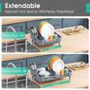 TOOLF Dish Drying Rack, Expandable Dish Rack for Kitchen Counter, Anti-Rust Dish Drainer, Sink Organization and Storage Essentials with Cutlery & Cup Holder, Gray