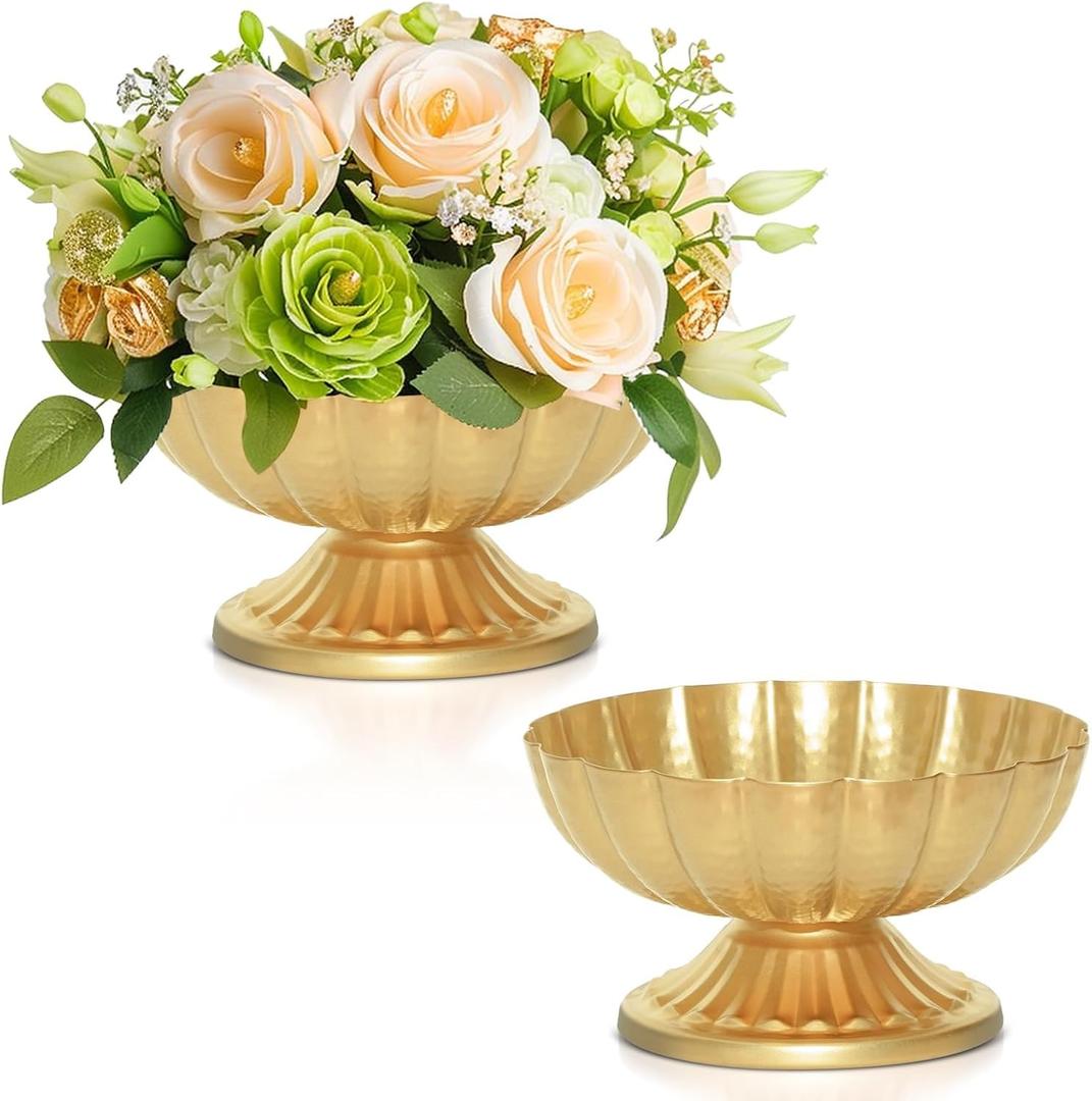Gold Flower Vases for Centerpieces: Vintage Compote Bowl Vase for Wedding 4 Inch Small Pedestal Vase for Party Gold Centerpieces for Table Metal Urn for Event Home Decor Set of 2