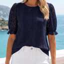 KIRUNDO Lace Tops for Women Trendy 2026 Eyelet Floral Summer Clothes Short Puff Sleeve Spring Blouse Cruise Vacation Outfits (Blue, S)