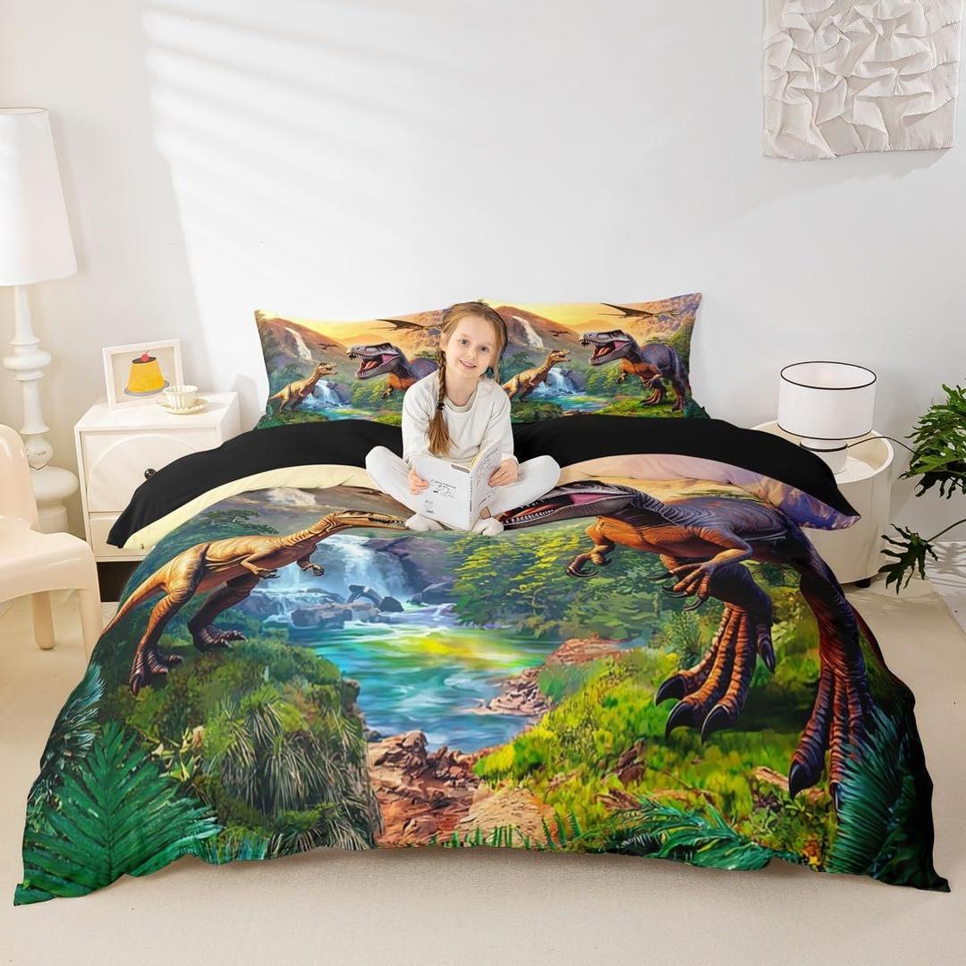 Erosebridal Kids Dinosaur Duvet Cover Twin Bedding Sets for Boys Toddler Cartoon Jungle Dino Bed Comforter Cover,3D Ancient Animals Quilt Cover Dinosaur Room Decor for Boys,Zipper 1 Pillow Case
