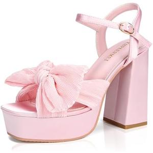 KHPAERMEI Bow Knot Platform Heels for Women Fashion Open Toe Chunky Heeled Sandals Ankle Strap Wedding Party Dress High Heels (Size: 8)