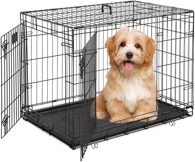 Large Dog Crate with Divider Panel, 36 Inch Double Door Folding Metal Wire Dog Cage with Plastic Leak-Proof Pan Tray, Pet Kennel for Indoor, Outdoor, Travel, 36S