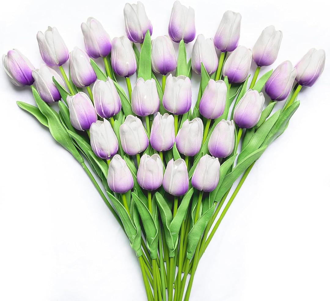 30 PCS Artificial Tulips Real Touch Tulips 13.5inch Long Stem Fake Flowers Silk Flowers for Spring Easter Mother's Day DecorationsLight Purple