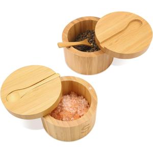 HTB Bamboo Salt Cellar Set with Spoon, Kitchen Spice Containers with Magnetic Swivel Lids, 2 Seasoning Containers Set Engraved with S and P