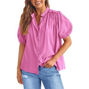 PRETTYGARDEN Women's 2026 Summer Button Down Shirts Short Lantern Sleeve V Neck Cotton Cute Tops Dressy Casual Blouses (M)