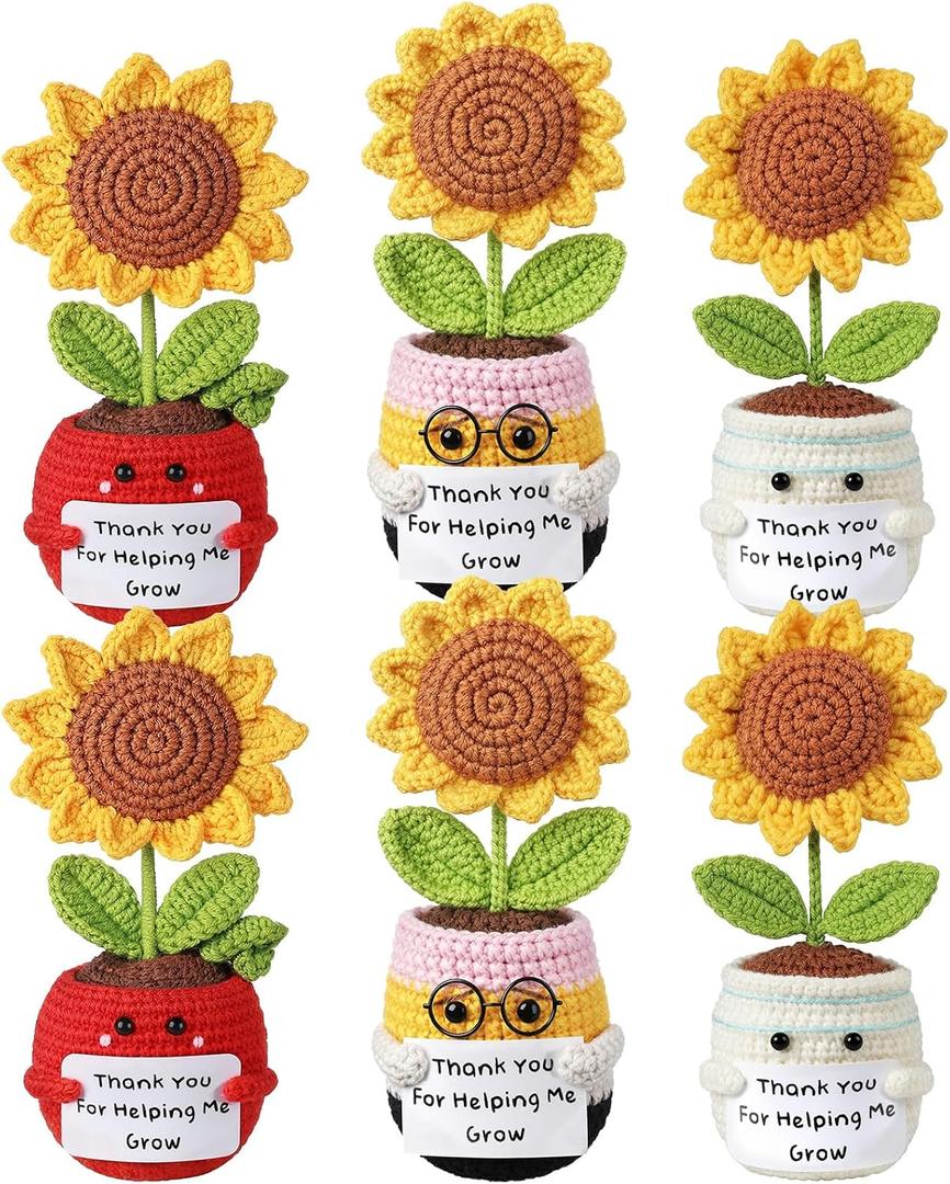 Chumia 6 Pcs Teacher Appreciation Gift Handmade Crochet Sunflower Teacher Gift Thank You for Helping Me Grow Positive Support Plant Gifts for Women Friend Graduation Present End Day of School Favors