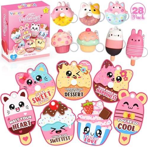 YEGEER 28 Pack Valentines Cards for Kids, Valentine Dessert Squishy Toys with Cards, Classroom Exchange Prizes & Party Favors, Kids Valentines Day Cards, Ideal Valentine Gifts for Boys Girls