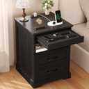 Yusong Farmhouse Night Stand with Gun Drawer & Invisible Lock, 25" Tall Bedside Table with Charging Station, End Table with Open Shelf for Bedroom Room (Black)