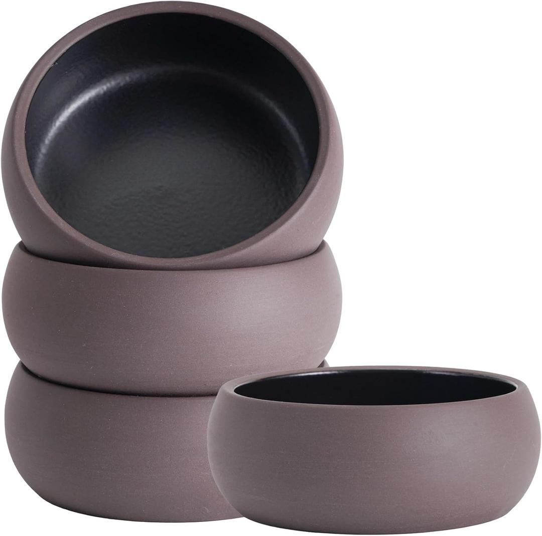Uaral Small Bowls 8 Ounces Dipping Bowl Color Clay Flat Base Bowl Set,Two-Tone Color Porcelain Shallow Bowls,Set of 4,4.5inch(Brown Clay and Black
