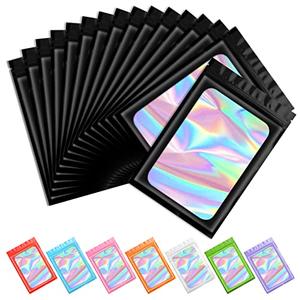 Funfery 100 pcs Black Mylar Holographic Bags Packaging Bags,Clear Resealable Bag Foil Pouch Bag for Food Storage and Lipgloss,Jewelry,Eyelash Packaging for Small Business(2.4x3.9Inch)