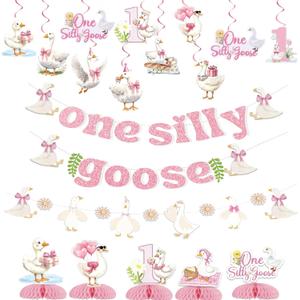 One Silly Goose Birthday Decor Girl One Silly Goose 1st Birthday Party Decorations for Girls Silly Goose Hanging Swirl Garland Honeycomb Table Centerpieces Funny Goose Farm Animal Themed Party Supplies