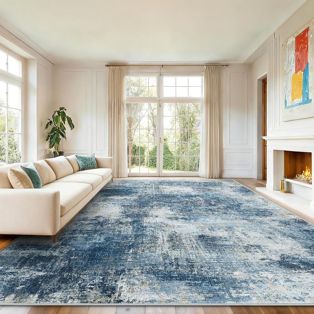 AMADA HOMEFURNISHING 8x10 Area Rugs for Living Room, Modern Washable Rug with Non-Slip Backing & Low Pile, Large Rug with Abstract Pattern for Bedroom, Dinning Room, Home Office, Navy Blue
