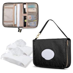 Rexmica Diaper Clutch Bag with 2 Pieces Wipes Dispensers, Small Diaper Bag with Multiple Pockets for Storage of Baby Necessities, Baby Travel Essential, Black