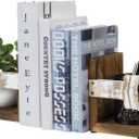 MyGift Farmhouse Bookends, Rustic Book Ends Kitchen, Tabletop Boho Bookend Support Stands, Whitewashed Arrow Design and Burnt Dark Brown Wood