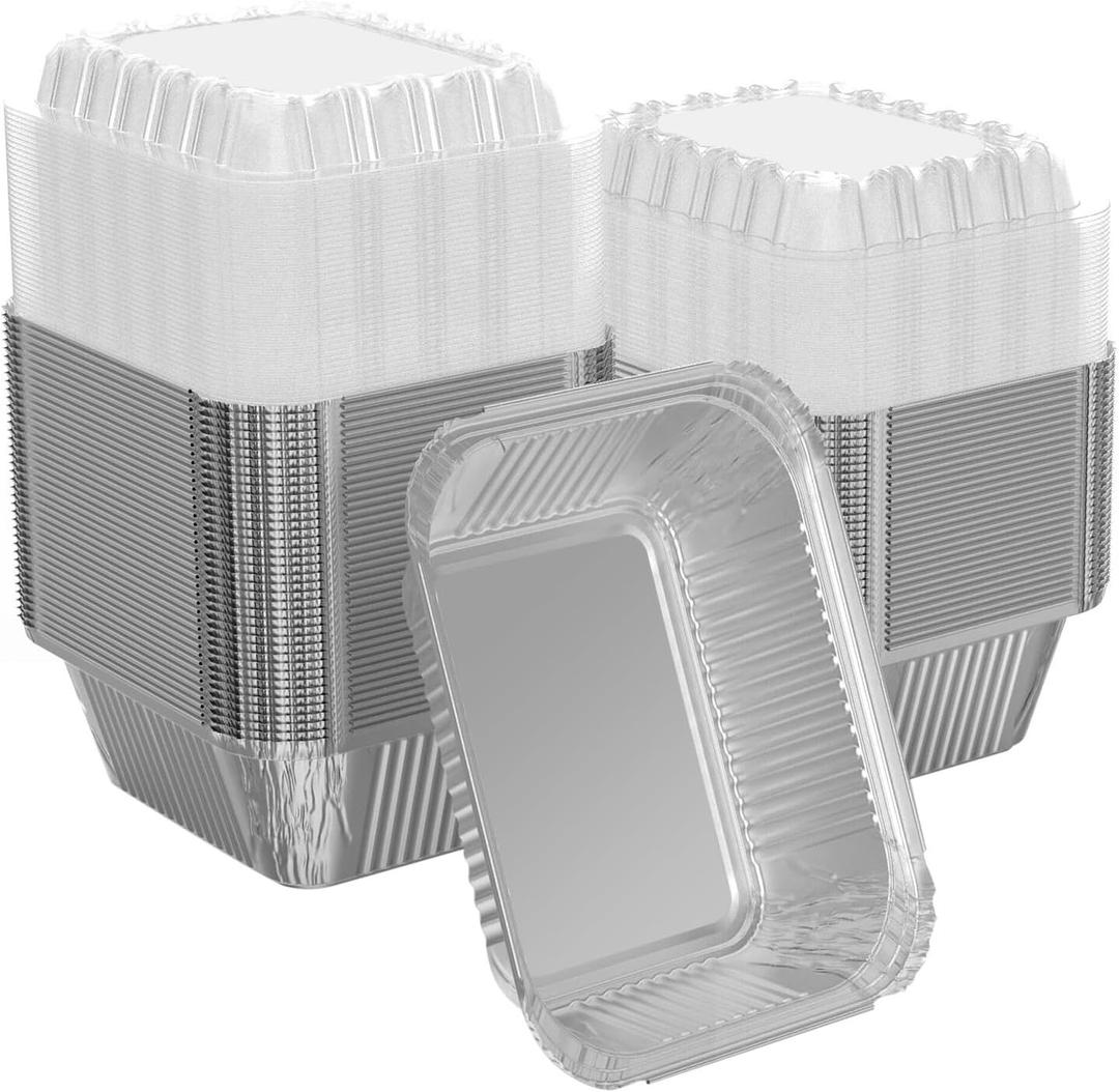 100 Pack 1 lb Rectangular Disposable Aluminum Foil Pan 16 oz Take Out Food Containers with Clear Plastic Dome Lids, for Catering, Baking, Roasting Food