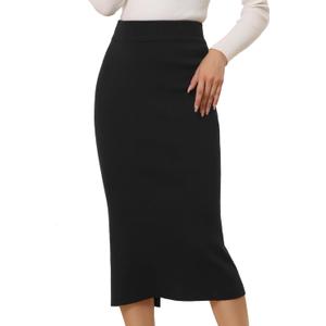 Allegra K Women's Sweater Skirts Ribbed Knit Elastic High Waist Stretchy Slit Casual Office Pencil Midi Skirt (Large)