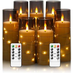 Flameless Candles with Embedded Star String, Battery Operated LED Pillar Candles with Timer and Remote Control, Home Decorating for Ambiance, Set of 7 (D 2.3"H 5" 5" 6" 6" 7" 7" 7")(Grey)