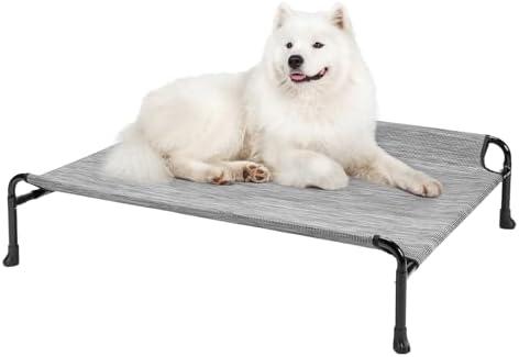 Veehoo Elevated Dog Bed, Raised Dog Cots for Medium Dogs, Waterproof Outdoor Dogs Bed, Cooling Pet Hammock with Guardrail, Upgraded Non-Slip Feet, Breathable Teslin Mesh, Black Silver, 35x 22 inches