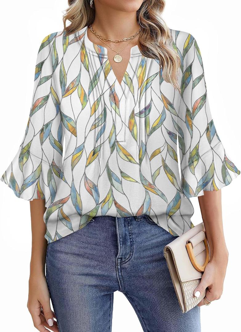 Lylinan Tops for Women V Neck Blouses 3/4 Ruffle Sleeve Casual Work Style Floral Print Designs L