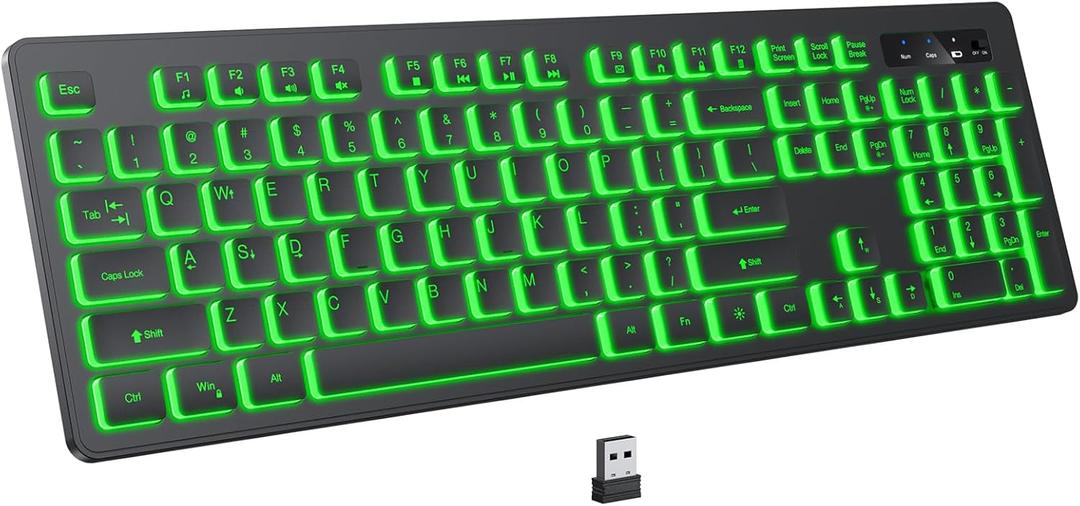 KOPJIPPOM Backlit Wireless Keyboard, 2.4G Silent Wireless Light Up Keyboard, Full Size Computer Keyboards with 7 Colored Backlits, Rechargeable Keyboards for Windows, PC, Laptop (Black, Normative)