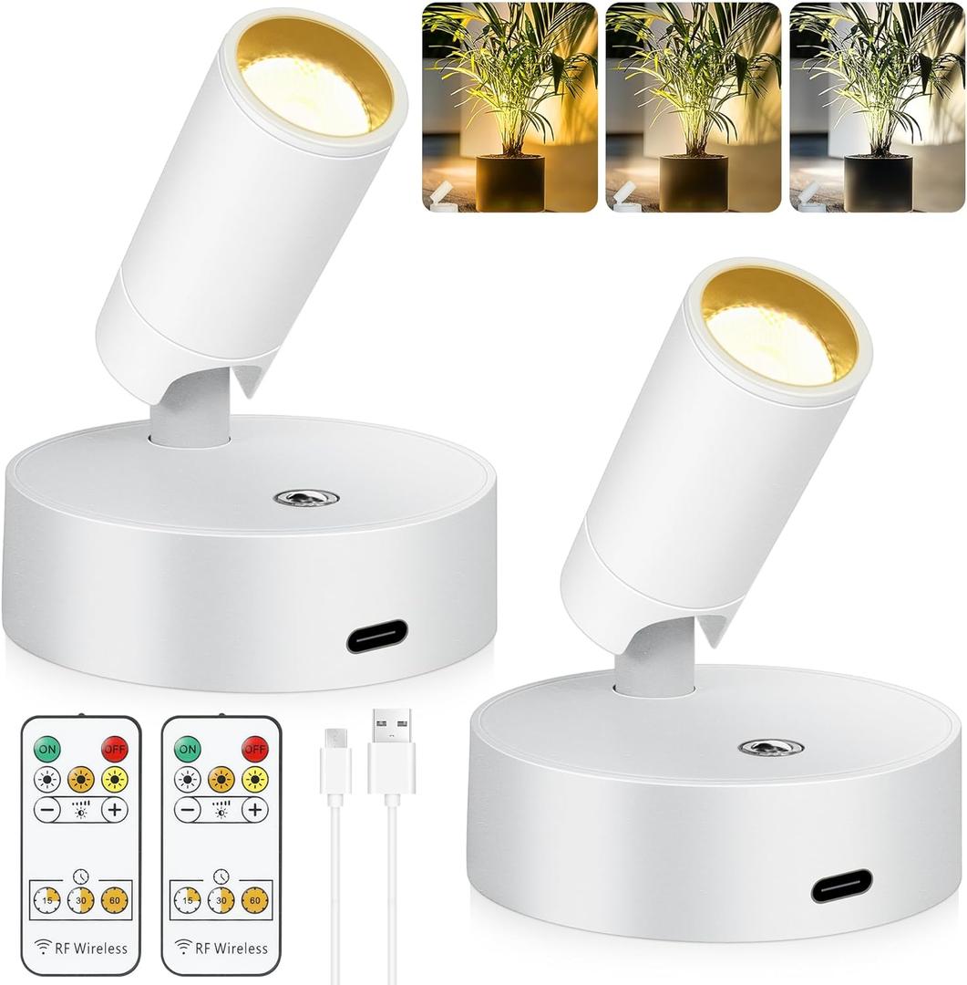 2 Pack Wireless LED Spot Lights Indoor Battery Operated with Remote, Rechargeable Up Lights Indoor with TimerDimmable, 3CCT Picture Lights for Wall, SpotLights Accent Uplighting for Plant -White
