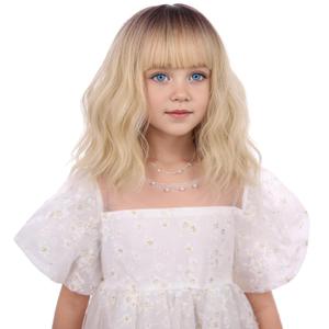 Black Ombre Blonde Wig for Child Short Blonde with Dark Roots Wig with Air Bangs for Girls Short Wavy Curly Hair for Kids Heat Resistant Synthetic Wigs with Cap