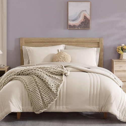 Monbix Queen Comforter Set - 7 Pieces Beige Bed in a Bag Queen Bedding Sets with Comforters, All Seasons Comforter Bed Set with Sheets,Pillowcases & Shams