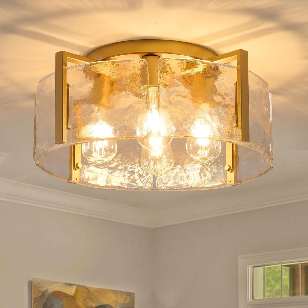 Gold Semi Flush Mount Ceiling Light Fixture, 17.7-Inch Farmhouse Modern Flush Mount Light Glass Drum Lights Foyer Lighting Fixtures for Kitchen Entryway Hallway Bathroom Bedroom Laundry Room