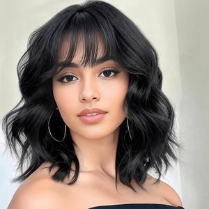 Wigs for Women Wavy Short Black Wig with Bangs Curly Bob Wig Shoulder Length Women's Wigs Synthetic Heat Resistant Fiber Wigs for Daily Party Use (14 Inches)