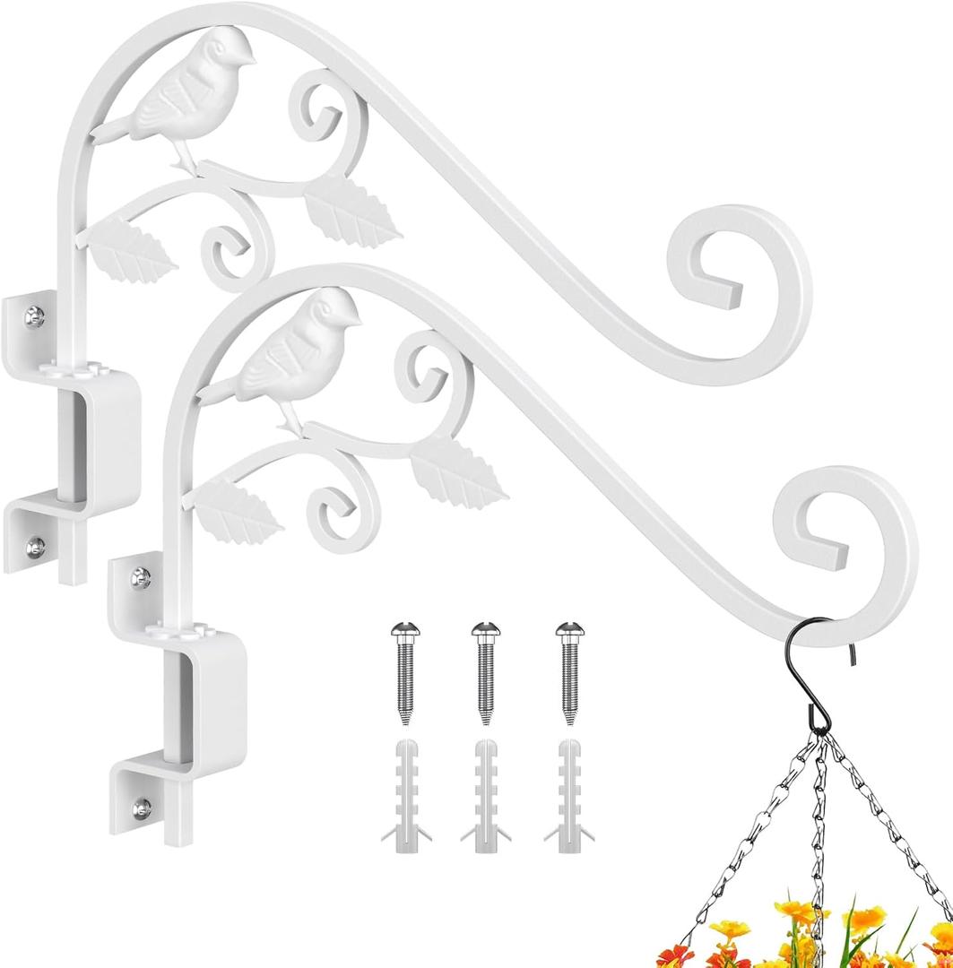 Outdoor Plant Hangers, 2 Pack 15.15 inch Swivel Plant Hooks for Wall Sturdy Wrought Iron Plant Hangers Outdoor, Hanging Plant Bracket Heavy Duty for Bird Feeders, Planters, Lanterns, Wind Chime,White