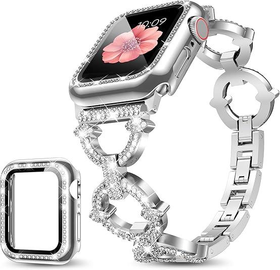 Mesime Compatible with Apple Watch Band 38mm 40mm 41mm 42mm 44mm 45mm , Women Girl Bling Diamond Jewelry Metal Strap Bands with Crystal Tempered Glass Screen Protector Case, Round Shiny Bracelet