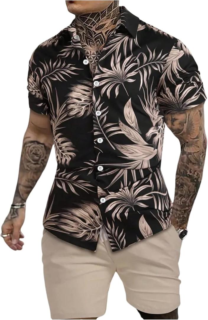 GORGLITTER Men's Vacation Beach Outfits 2 Piece Shorts Set Floral Hawaiian Button Down Shirt and Shorts (XX-Large, Khaki)