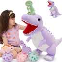 MorisMos Dinosaur Stuffed Animal with Babies,23.6'' Big Mommy Stuffed Dino T-rex with 3 Baby Dino Toys & Eggs Plush Inside Belly,Boy Girl Dinosaur Toys for Kids Birthday Gift,Purpel T-rex Party Decor