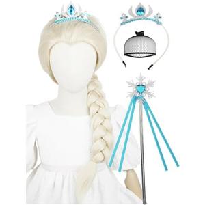 Kids Blonde Princess Wig + Crown Headband + Magic Wand + Wig Cap, Long Platinum Blonde Braided Wigs 23'' Synthetic Hair for Toddler Girls Child Halloween Costumes