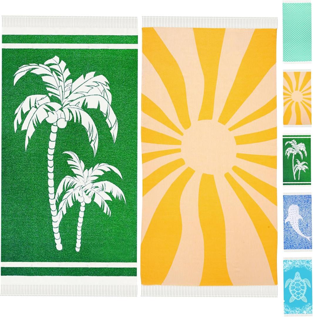 2 Packs Turkish Beach Towel Travel Vacation Essentials Quick Dry Sand Free Oversized Adult Cruise Accessories Must Haves Clearance Stuff Necessities XL Bath Pool Swim Towels Sunshine Coconut Trees