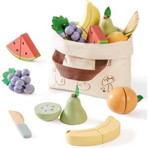 ROBOTIME Wooden Play Food Cutting Fruit Set, Pretend Play Toy Food for Play Kitchen with Shopping Bag  Kids Kitchen Accessories, Wooden Fruit Toys for Kids Boys Girls
